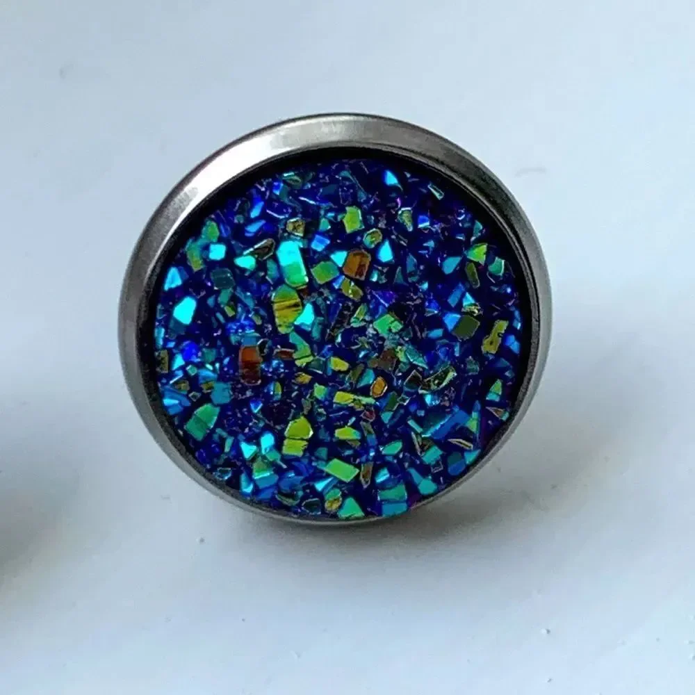 Men’s Titanium Blue Iridescent Faux Drusy Quartz Iced Out Hip Hop Stud Earrings